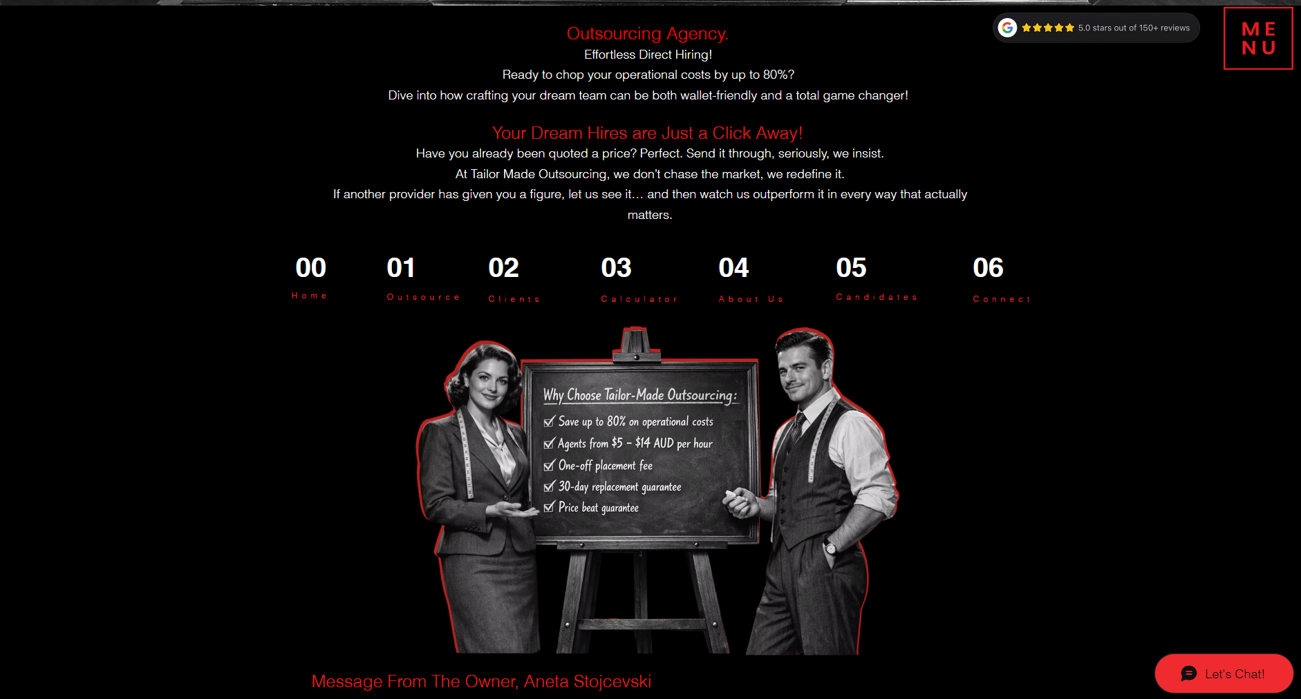 Screenshot of the original Tailor Made Outsourcing Wix homepage, showing a numbered 00 to 06 sidebar-style navigation, a separate MENU button, and two full paragraphs of headline copy before any clear call to action